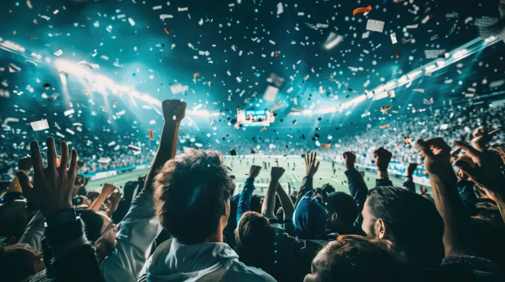 Crowd celebrating during a live sports event with stadium lights and confetti