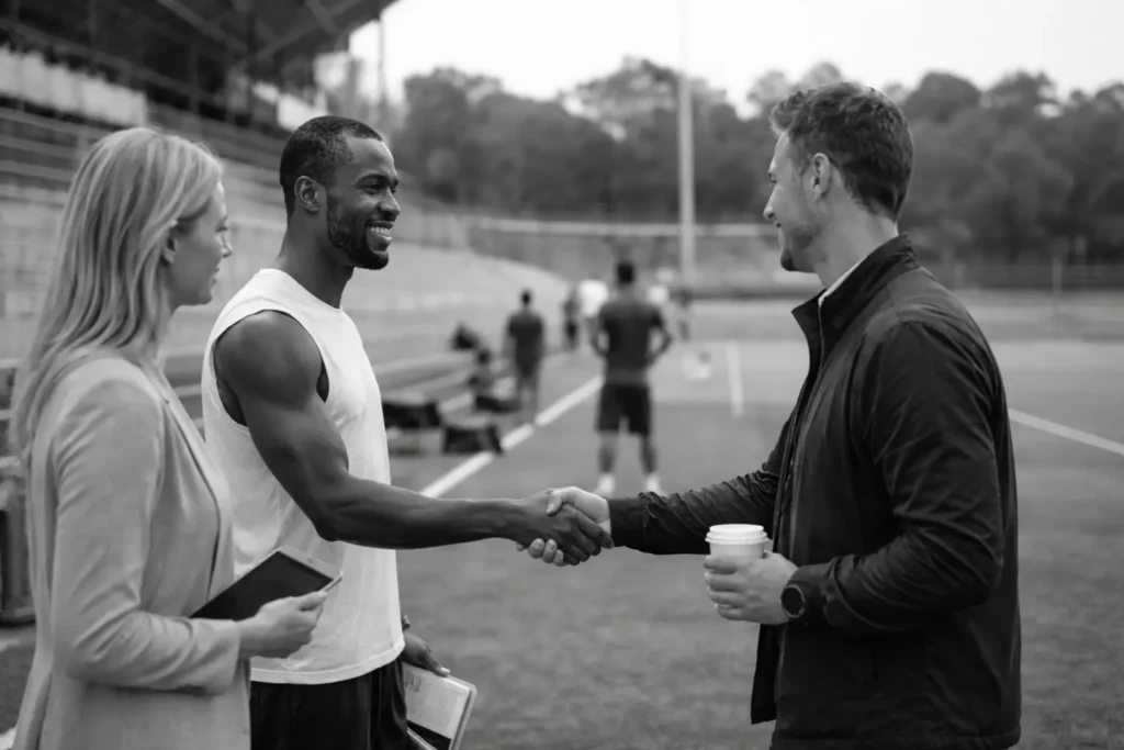 Professional athlete shaking hands with a brand representative at a stadium training facility