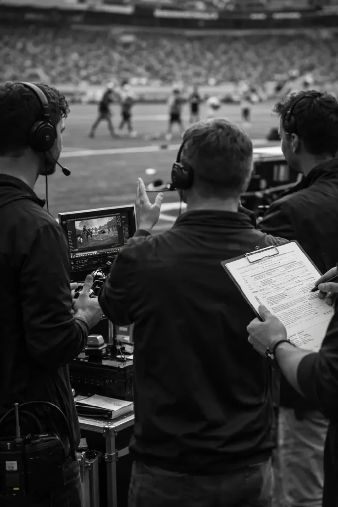 Production team coordinating on set while reviewing notes and directing execution