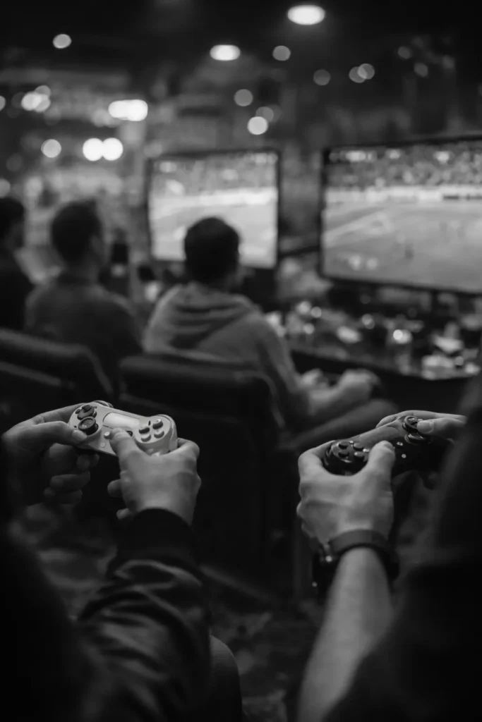 Close-up of hands holding video game controllers during a sports gaming activation