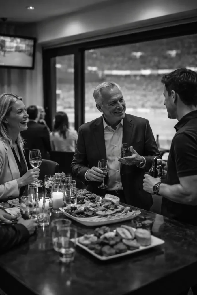 Business leaders networking at a premium hospitality event with drinks and small plates