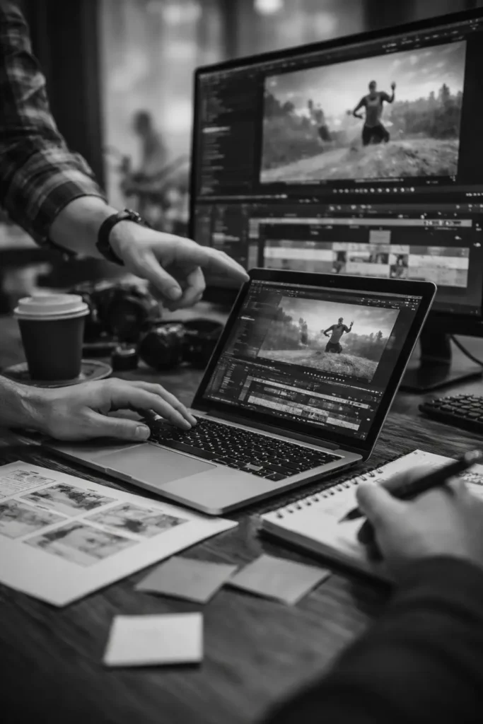Team reviewing and editing branded sports content on a laptop during a media production session