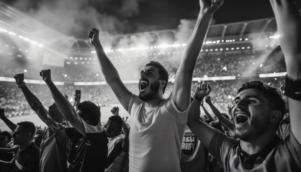Passionate fans cheering and celebrating inside a stadium during a live sporting event