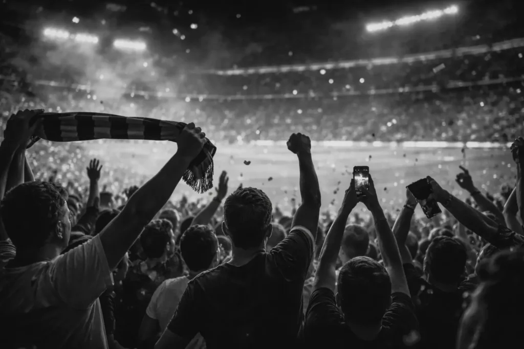 Fans celebrating inside a packed stadium during a live sporting event