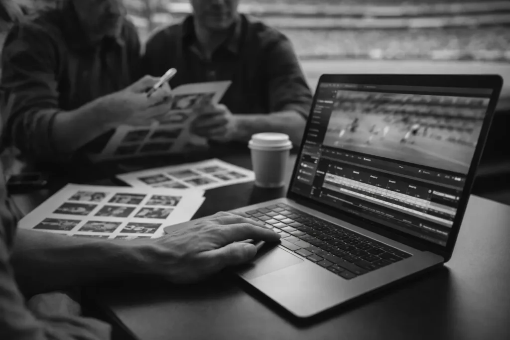 Editing branded sports content on a laptop for digital distribution