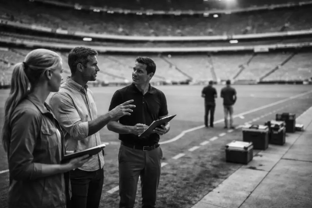 Brand and sports team executives discussing partnership strategy on the field