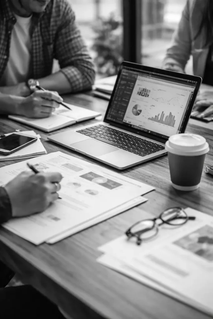 Professional reviewing performance dashboards on a laptop while writing strategic notes on paper