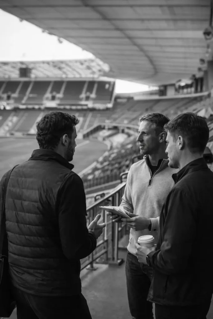 Sports executives discussing partnership strategy inside a stadium