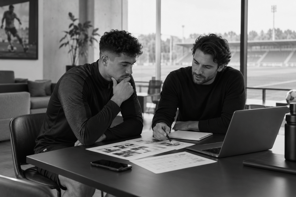 Professional soccer player reviewing a social media content strategy