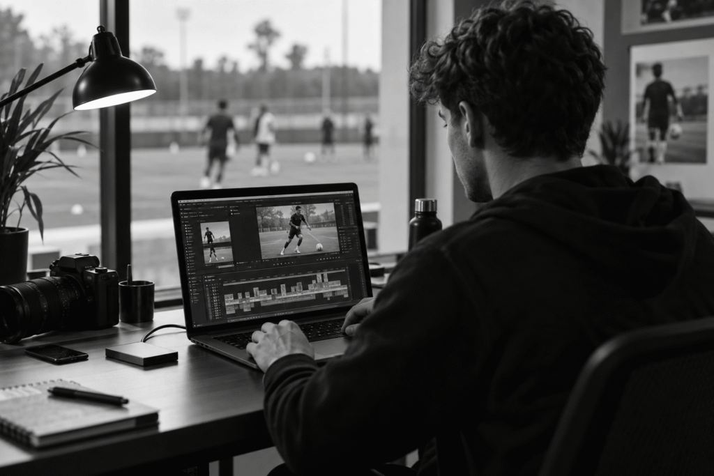Creative professional editing social media video for a soccer player