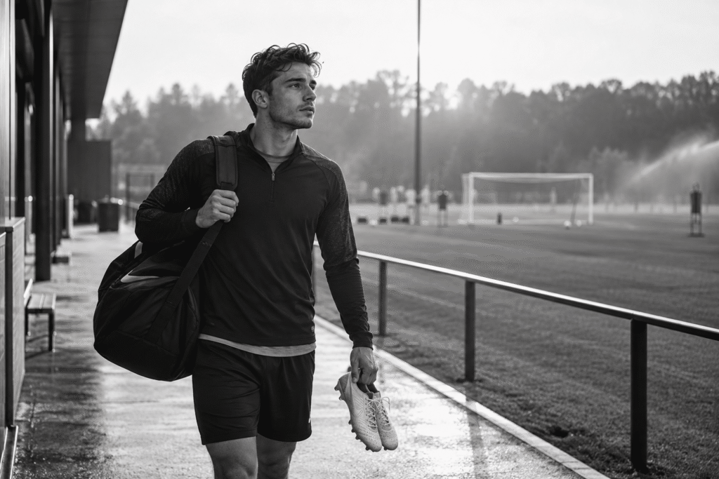 Professional soccer player leaving the training field after a session